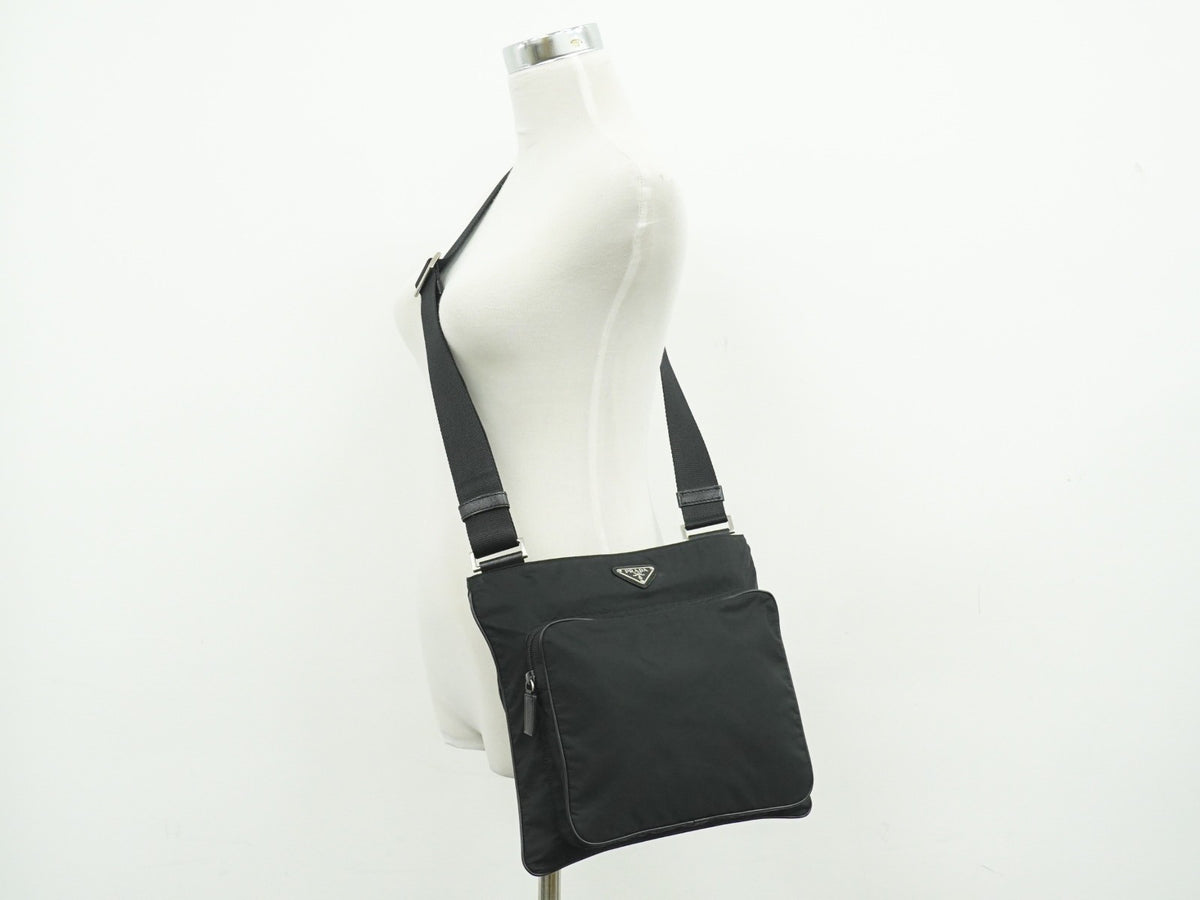 Prada Front Pocket Messenger Quilted Tessuto, Black, Nylon, Shoulder Bag