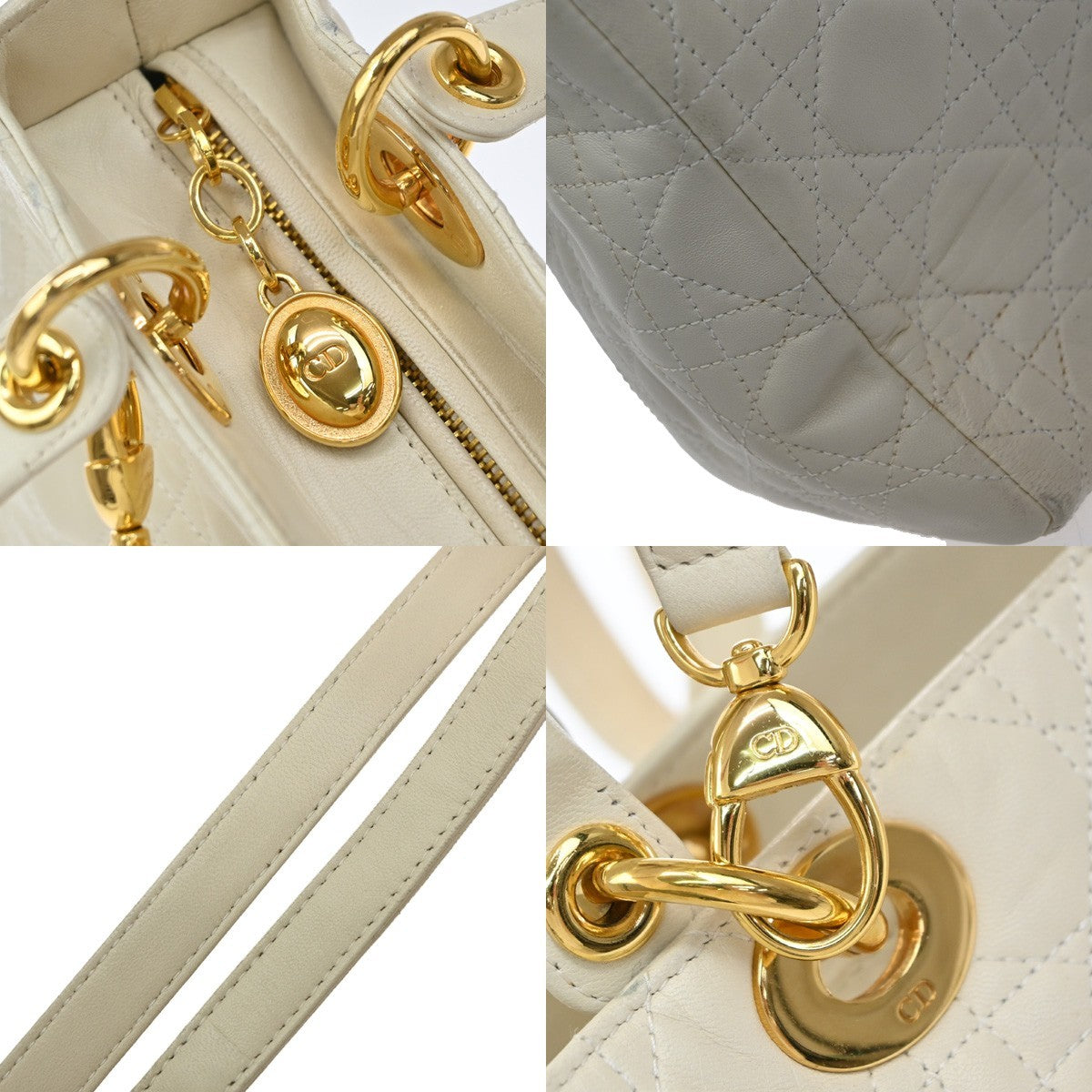 Christian Dior Lady Dior Cannage Quilt Leather, White, Leather, Handbag