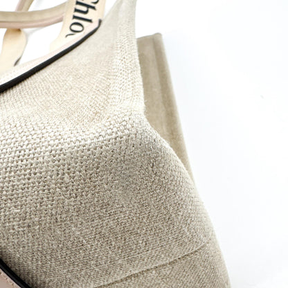 Chloe Woody Canvas with Leather, Beige, Canvas, Tote Bag