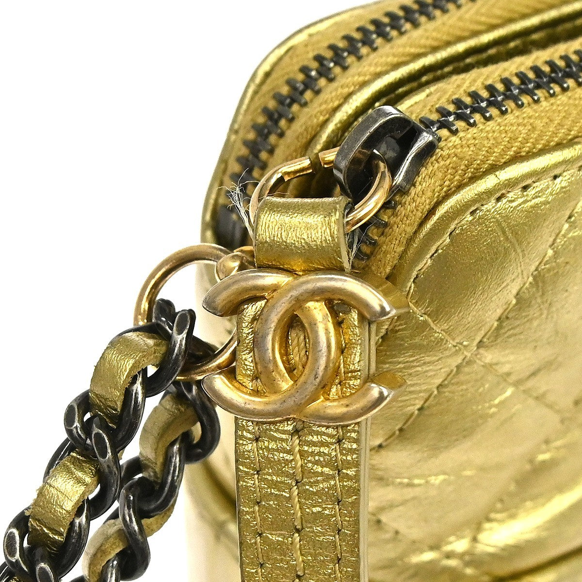Chanel Gabrielle Double Zip Clutch with Chain Quilted Aged Calfskin, Gold, Leather, Shoulder Bag