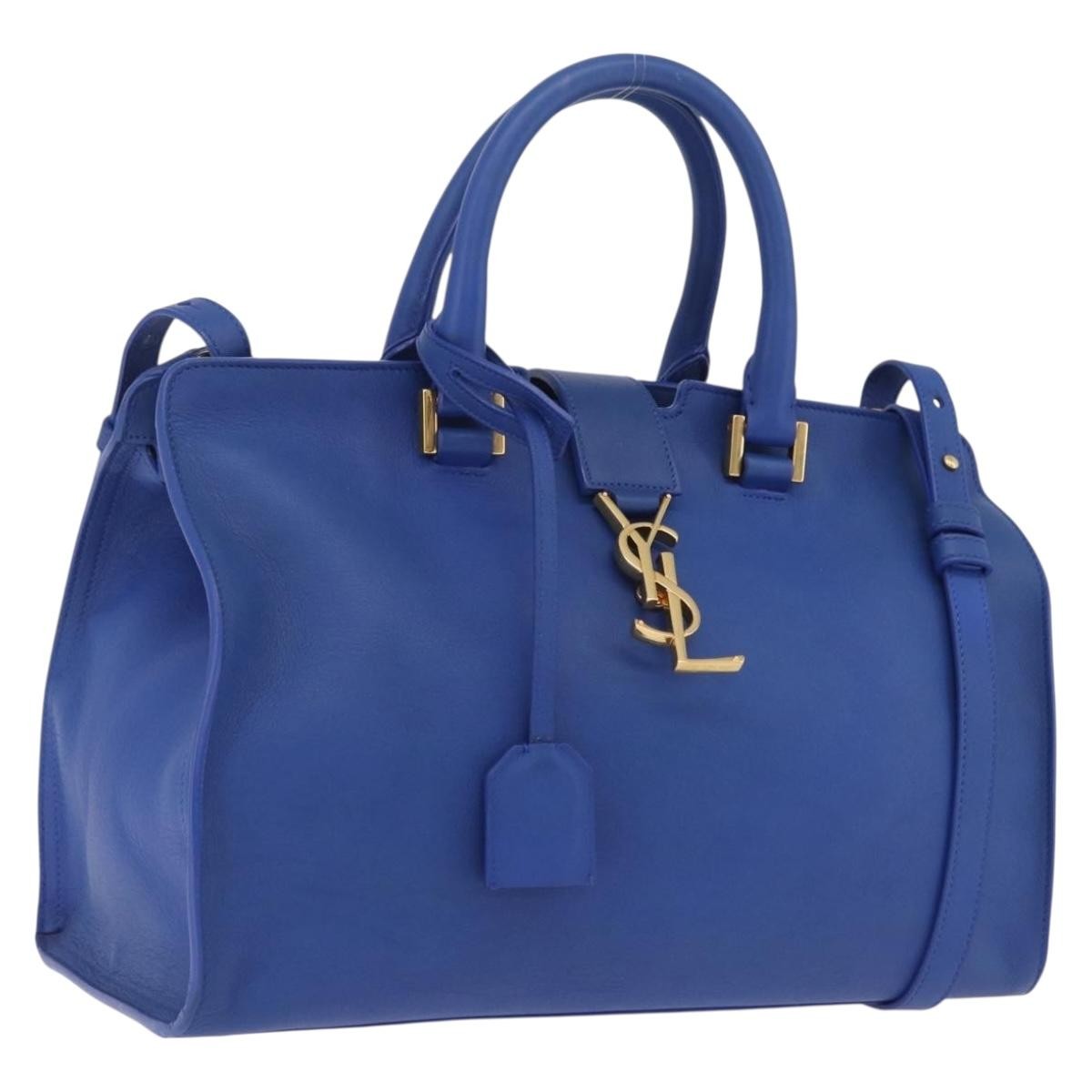 Saint Laurent Monogram Cabas Leather, Blue, Leather, Tote Bag