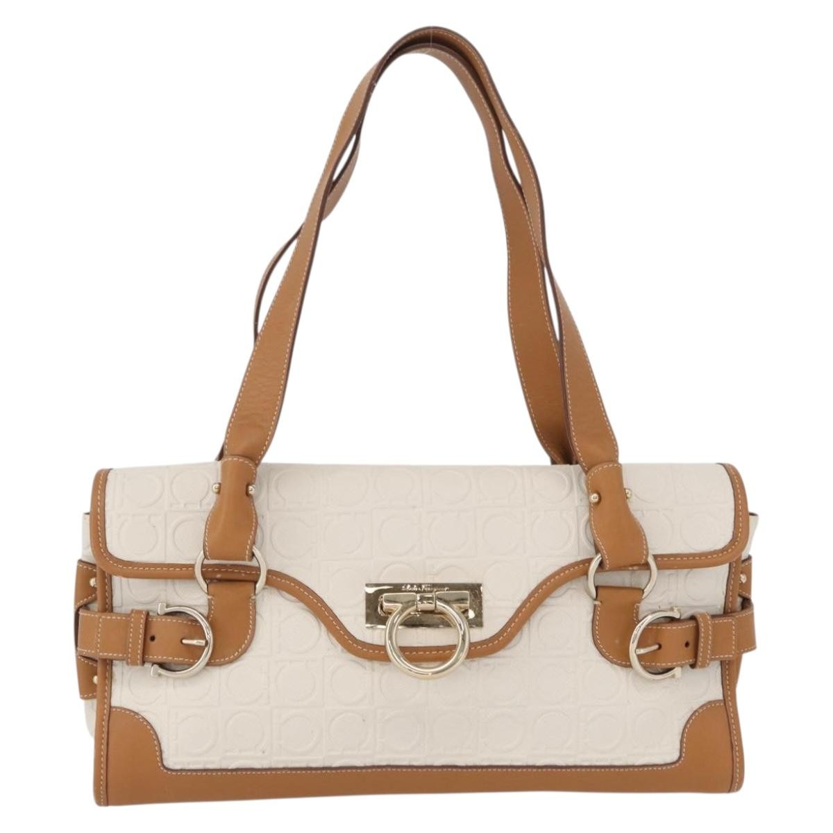 Salvatore Ferragamo Gancini Top Handle Canvas, White, PVC, Handbag