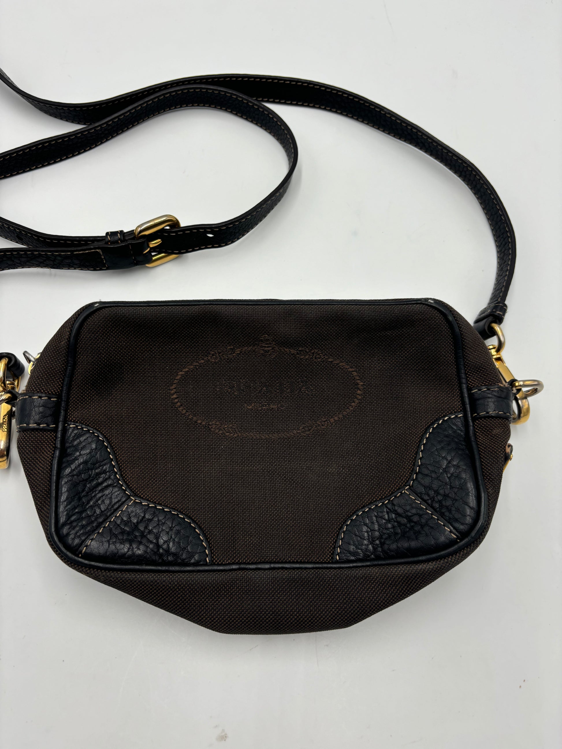 Prada Mini Zip Crossbody Bag Canvas and Leather, Brown, Canvas, Backpack