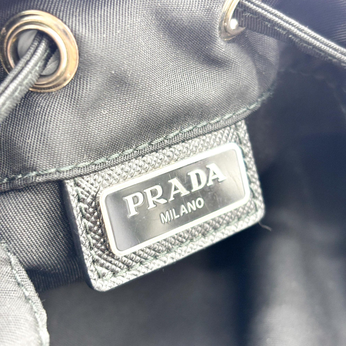 Prada Vela Drawstring Bucket Tessuto, Black, Nylon, Clutch