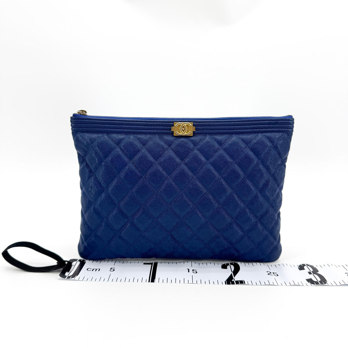 Chanel Boy O Case Clutch Quilted Caviar, Blue, Leather, Clutch