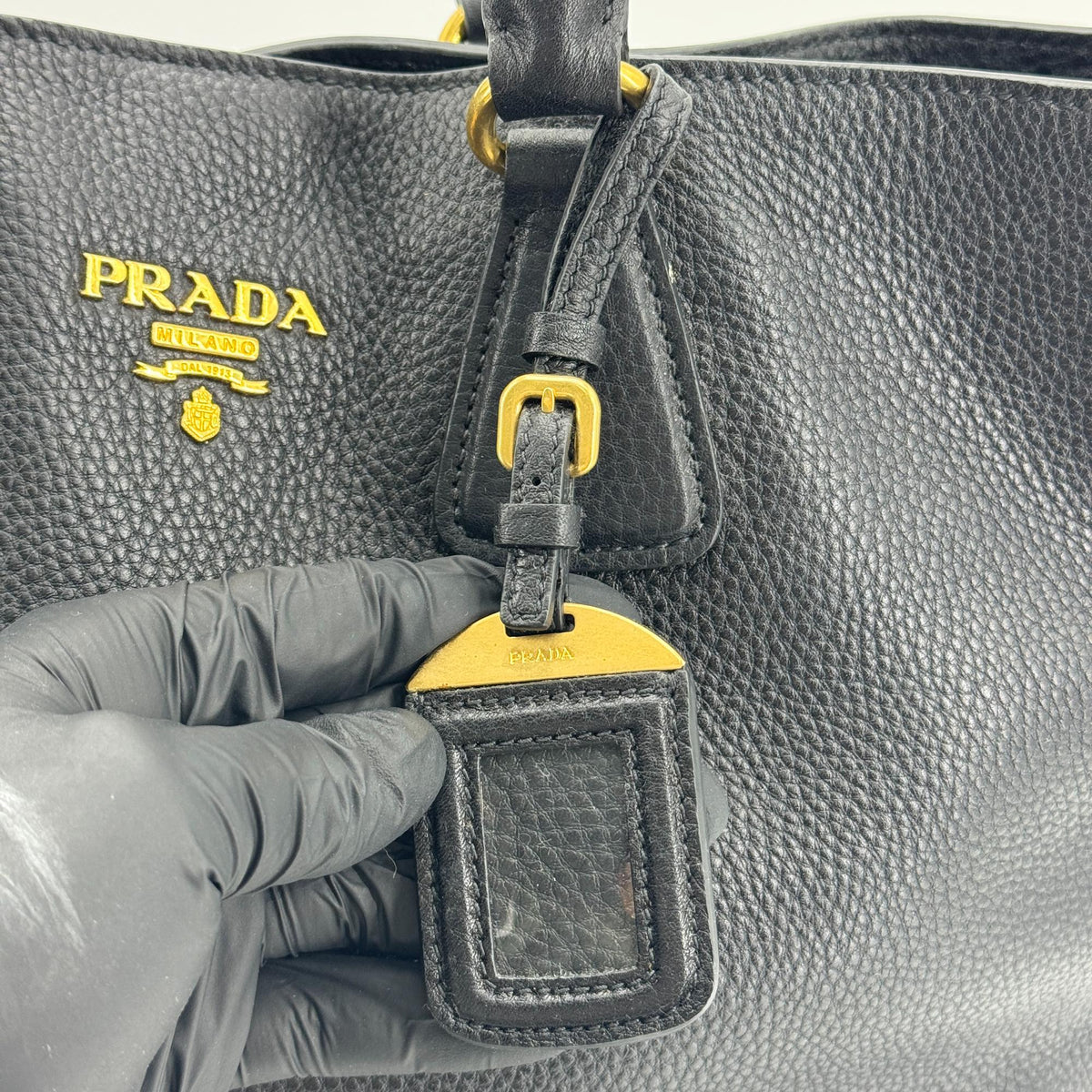Prada Side Zip Convertible Vitello Daino, Black, Leather, Tote Bag
