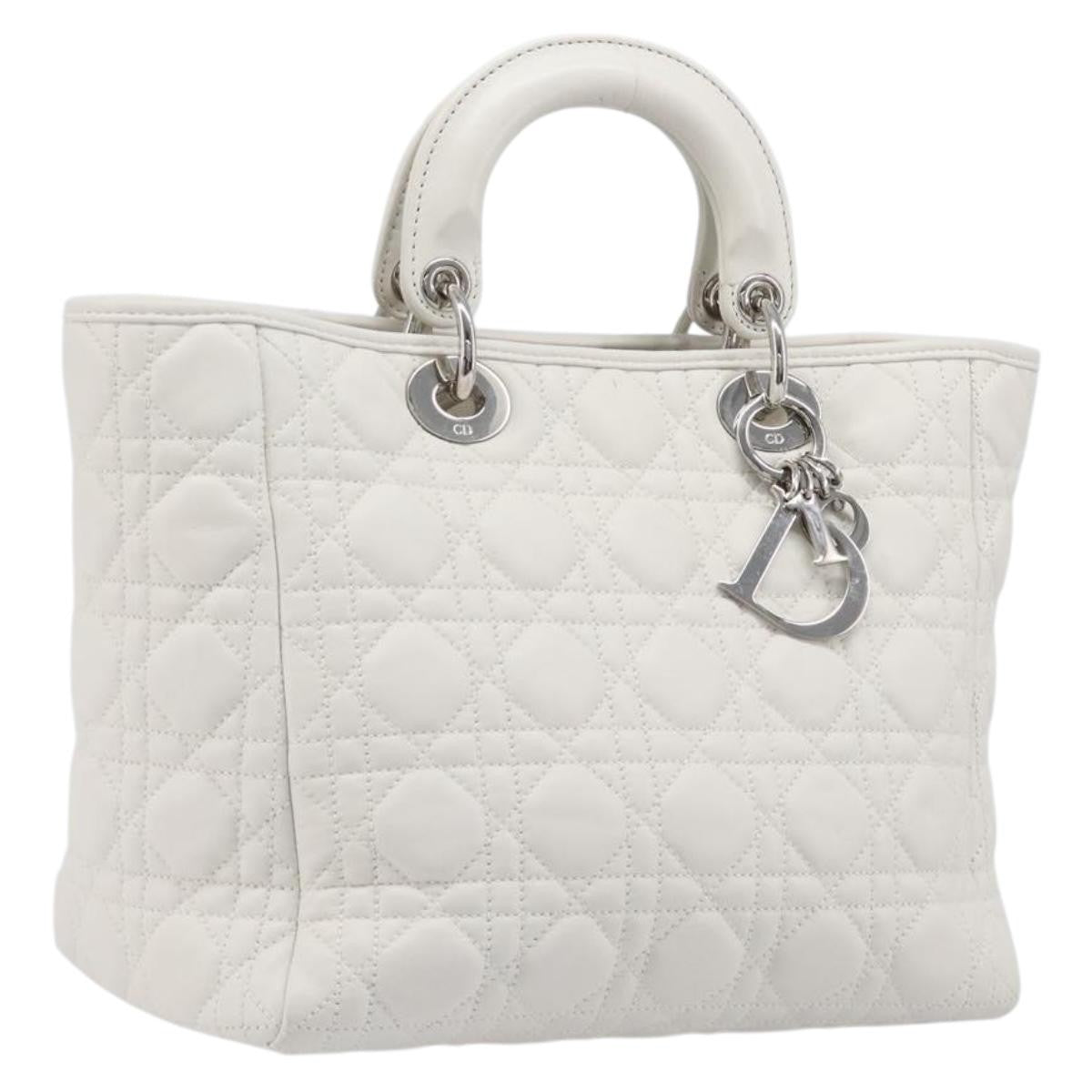 Christian Dior Lady Dior Cannage Quilt Lambskin, White, Leather, Handbag