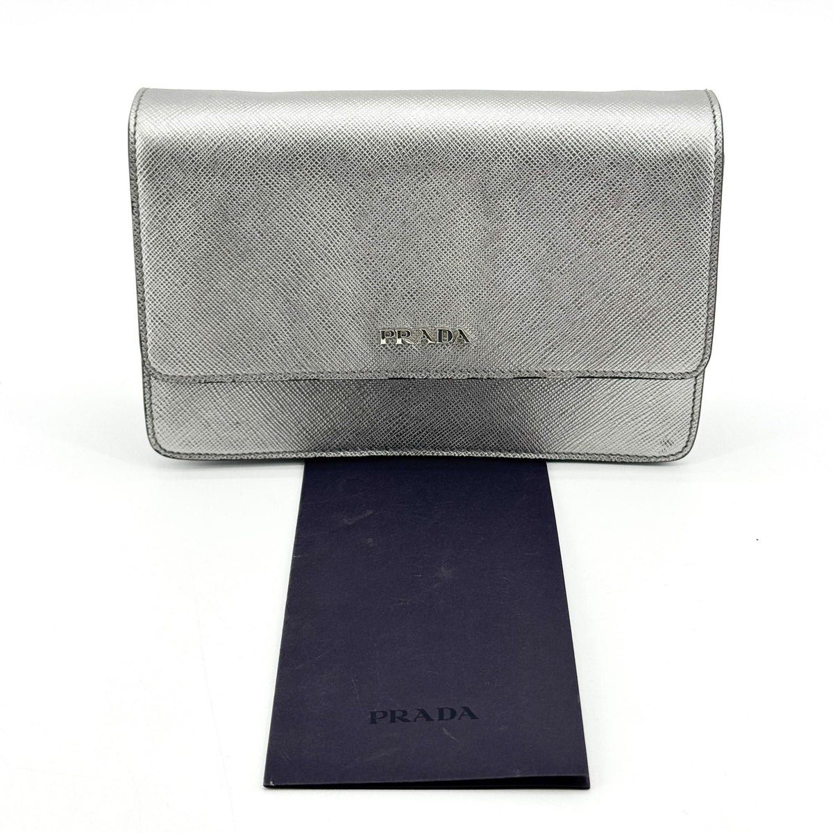 Prada Wallet on Strap Saffiano Leather, Silver, Leather, Crossbody Bag