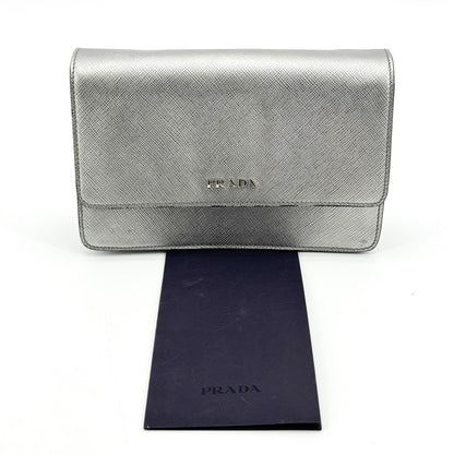 Prada Wallet on Strap Saffiano Leather, Silver, Leather, Crossbody Bag