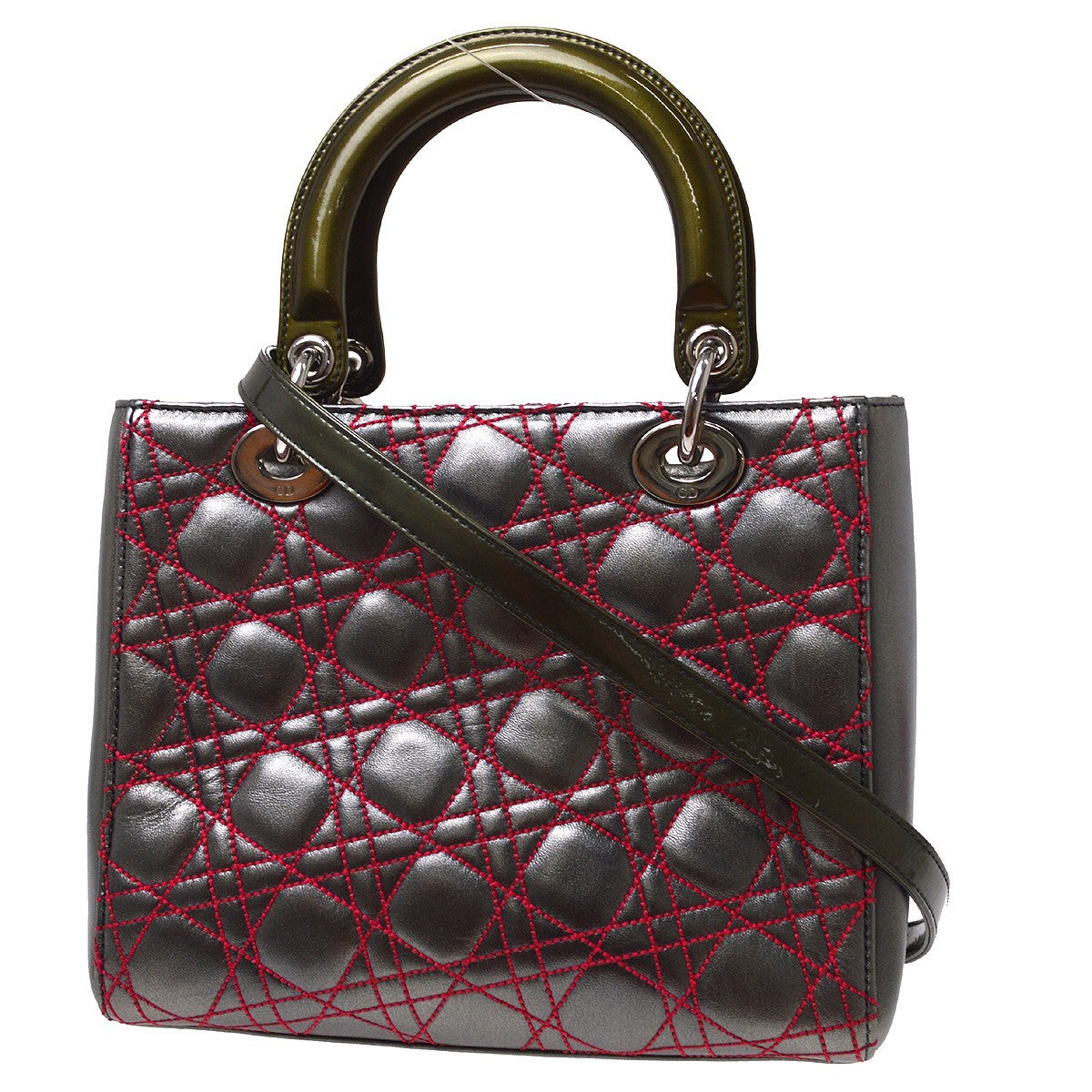 Christian Dior Lady Dior Cannage Stitch Patent, Gray, Leather, Handbag
