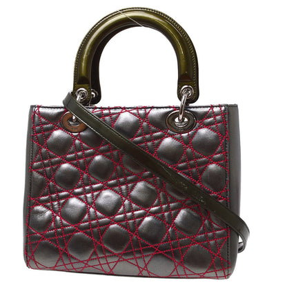 Christian Dior Lady Dior Cannage Stitch Patent, Gray, Leather, Handbag