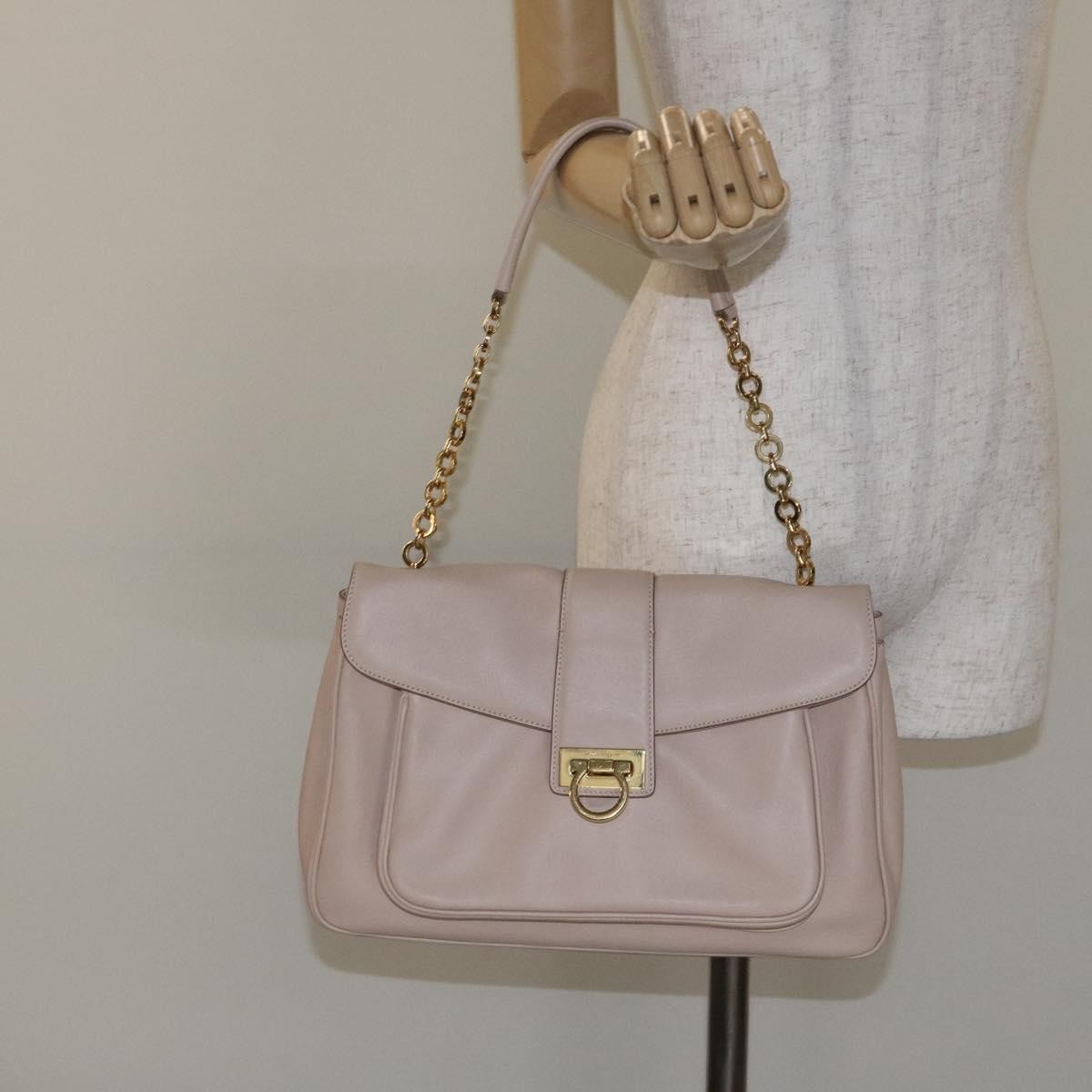 Salvatore Ferragamo Chain Gancini Jacquard with Studded Leather, Beige, Leather, Shoulder Bag