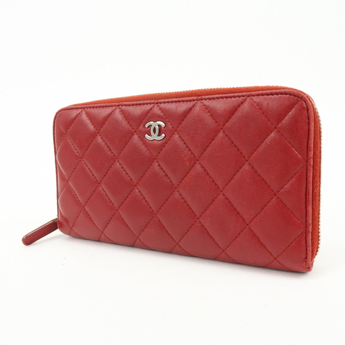 Chanel Zip Around Quilted Lambskin, Red, Leather, Wallet