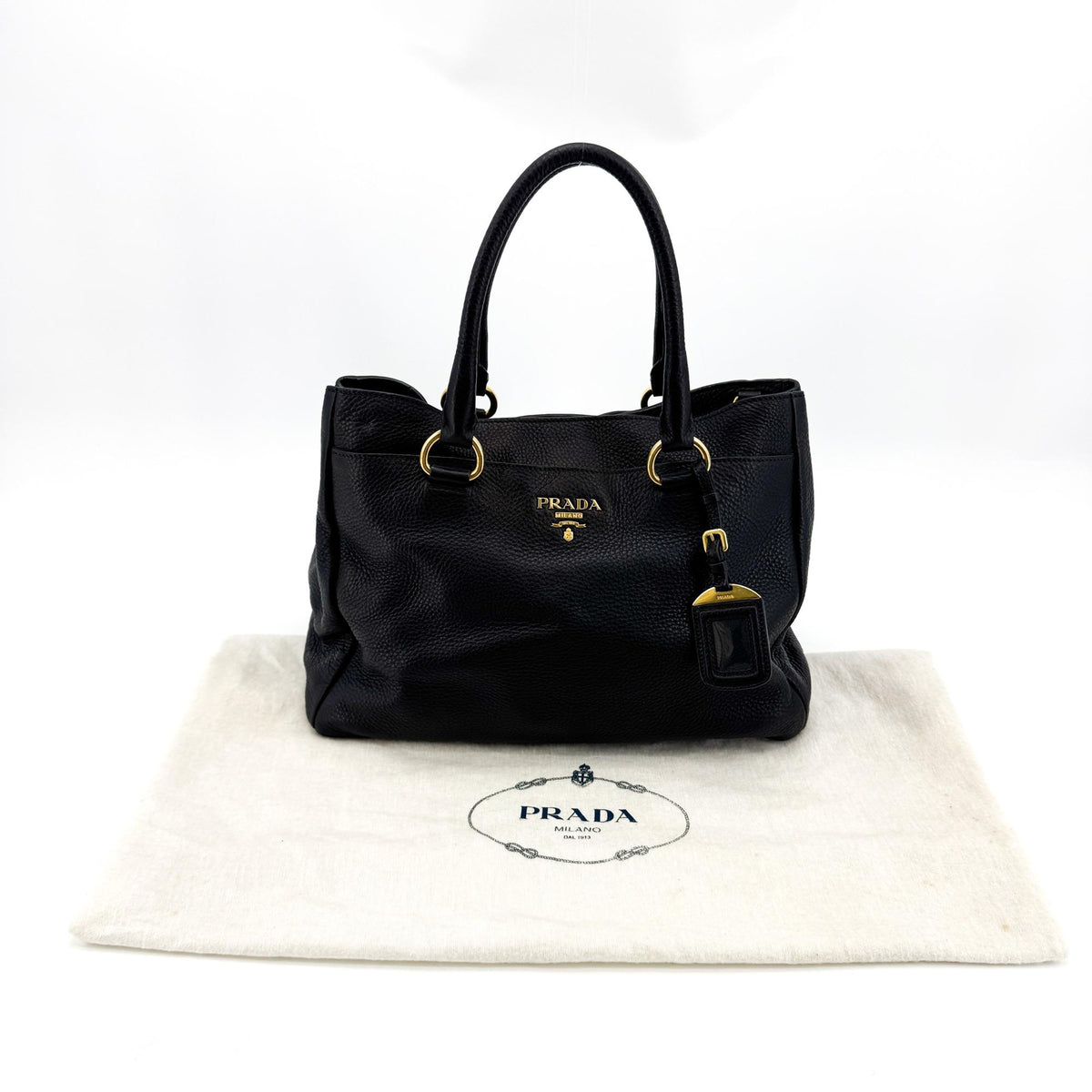 Prada Convertible Open Leather, Black, Leather, Tote Bag