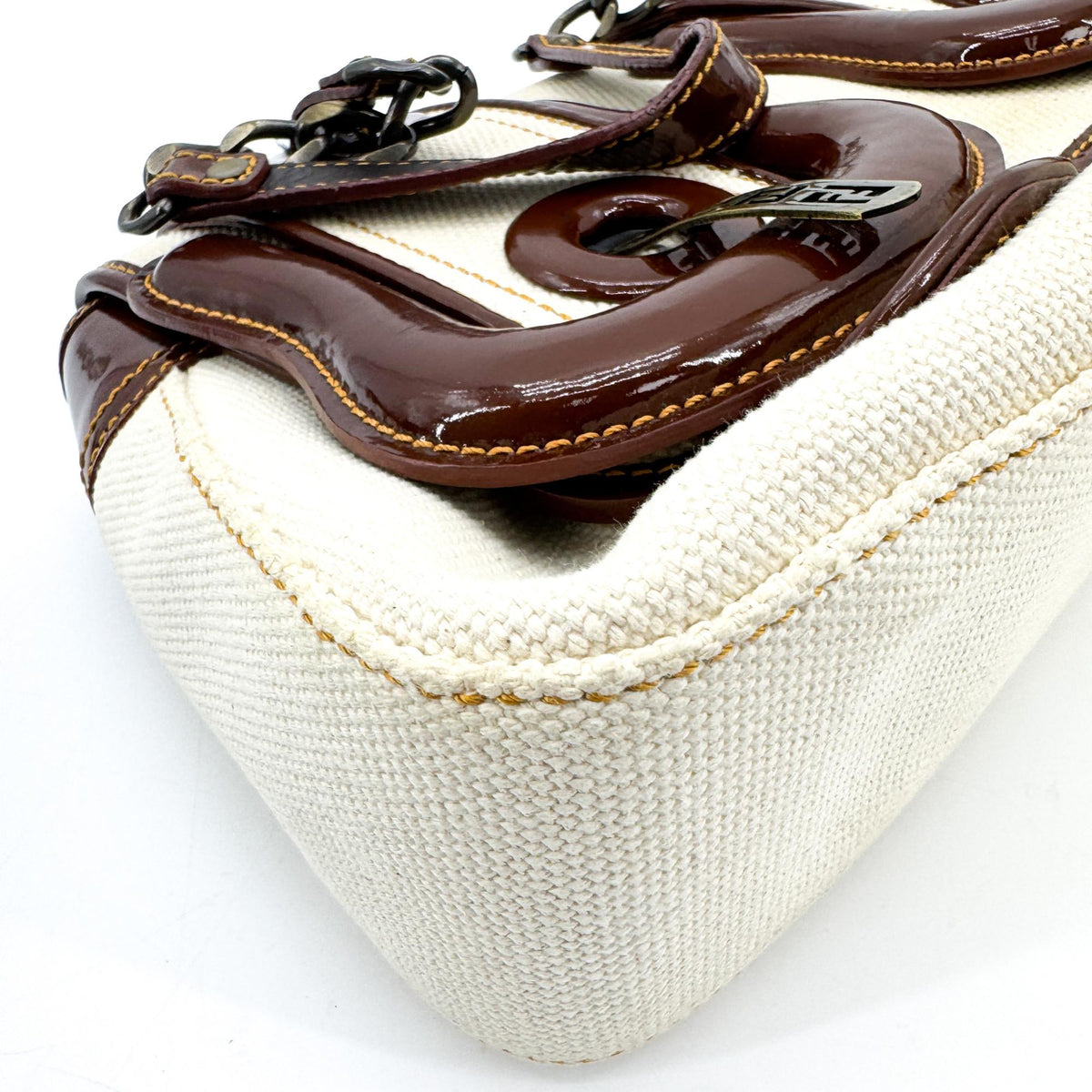 Fendi B. Bag Canvas with Patent, Brown, Canvas, Handbag