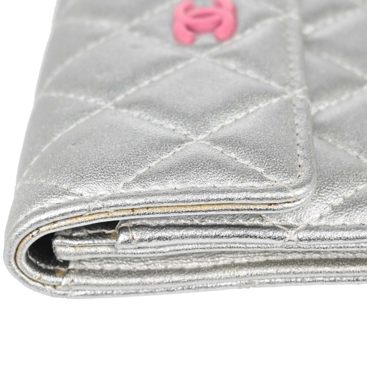 Chanel CC Flap Card Case Quilted Lambskin, Silver, Leather, Card Holder