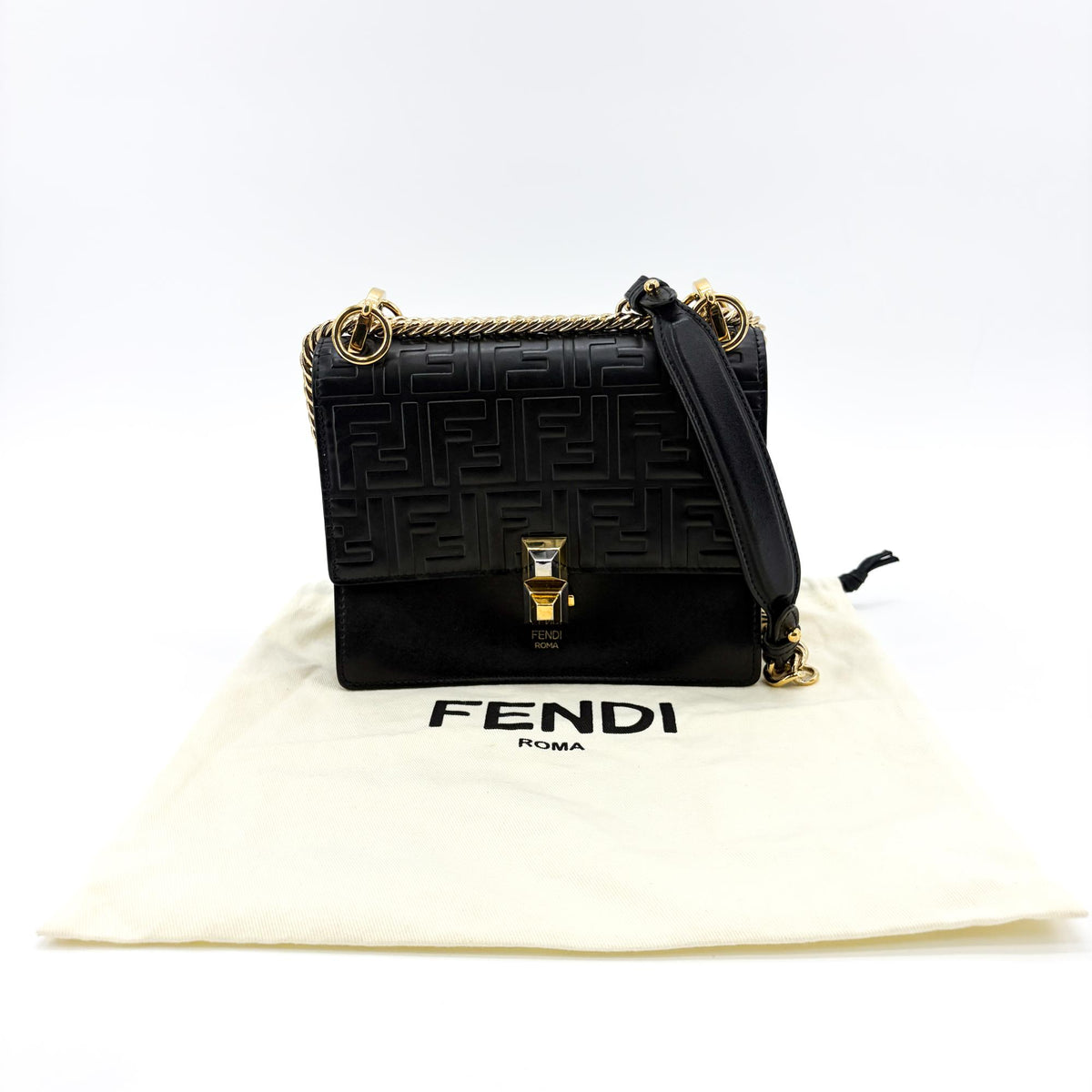 Fendi Kan I Zucca Embossed Leather, Black, Leather, Shoulder Bag