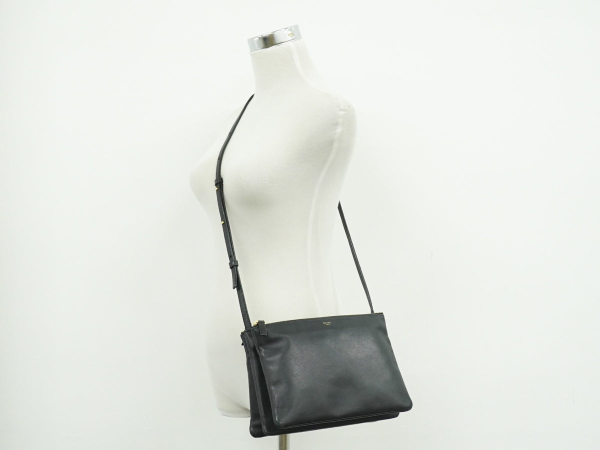 Celine Trio Leather, Black, Leather, Crossbody Bag