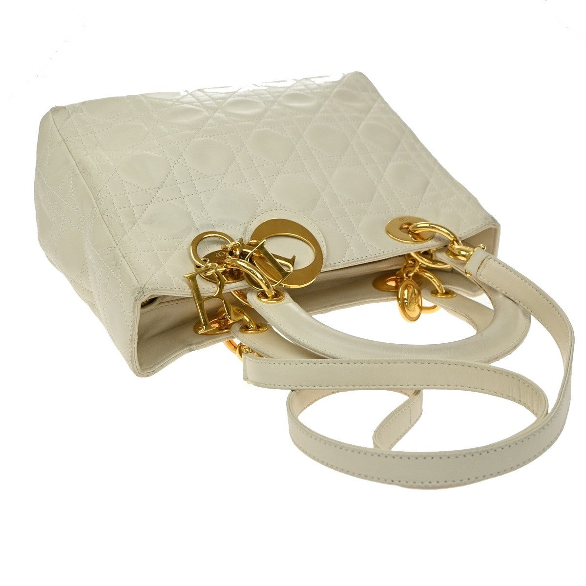 Christian Dior Lady Dior Cannage Quilt Leather, White, Leather, Handbag