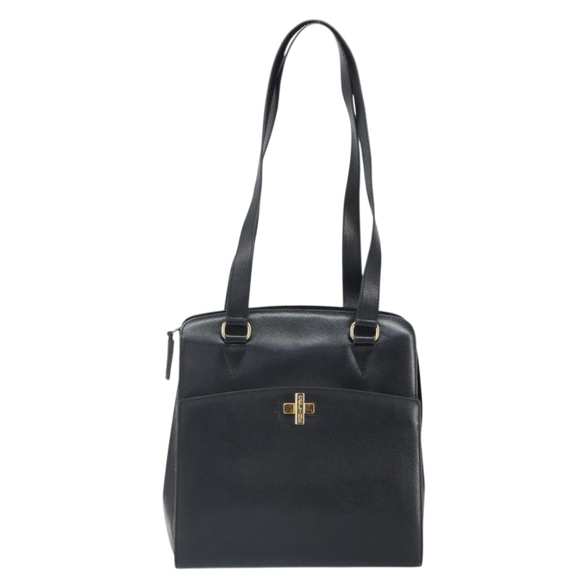 Celine Vintage turn lock shoulder Leather, Black, Leather, Handbag