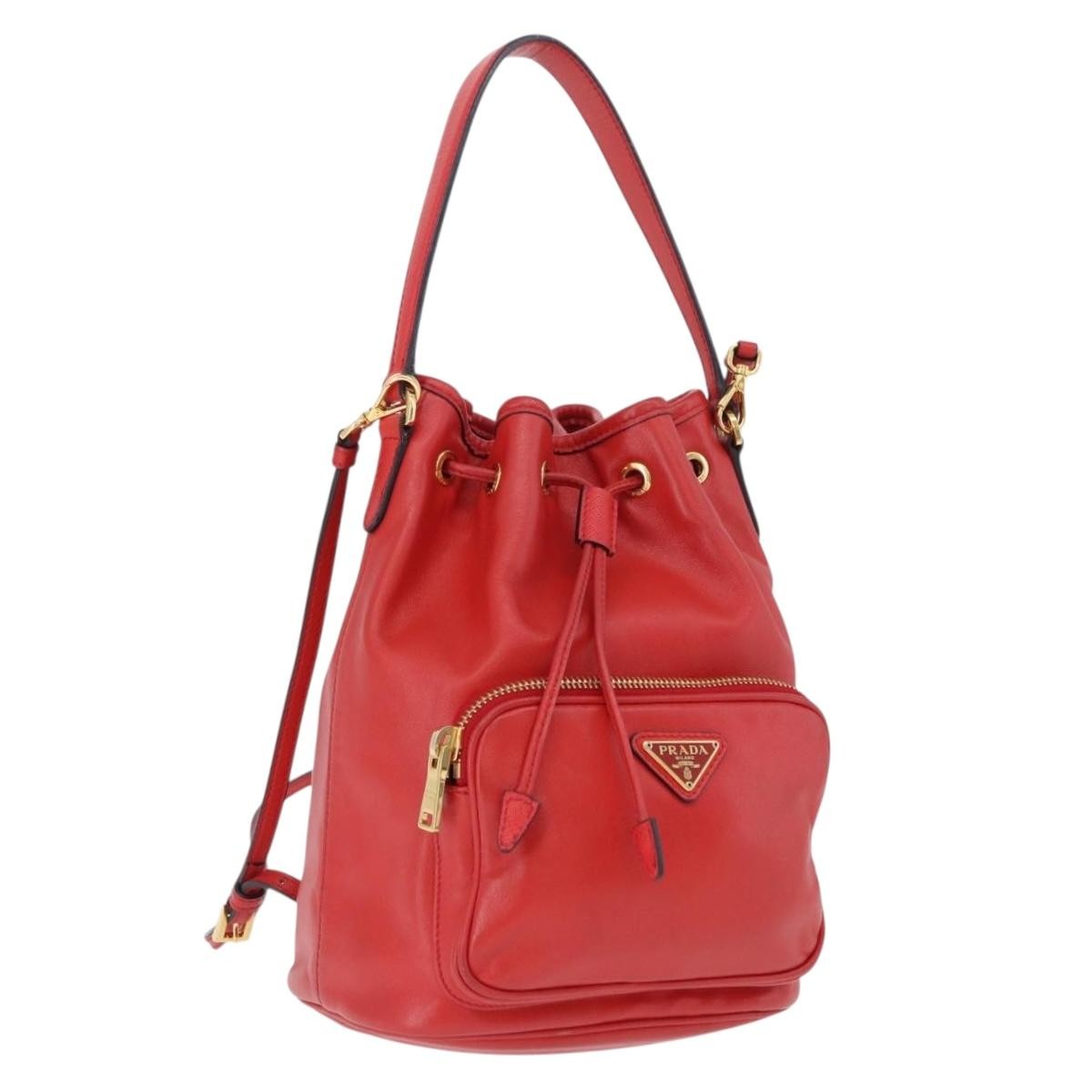 Prada Drawstring Pocket Bucket Soft Calf, Red, Leather, Shoulder Bag