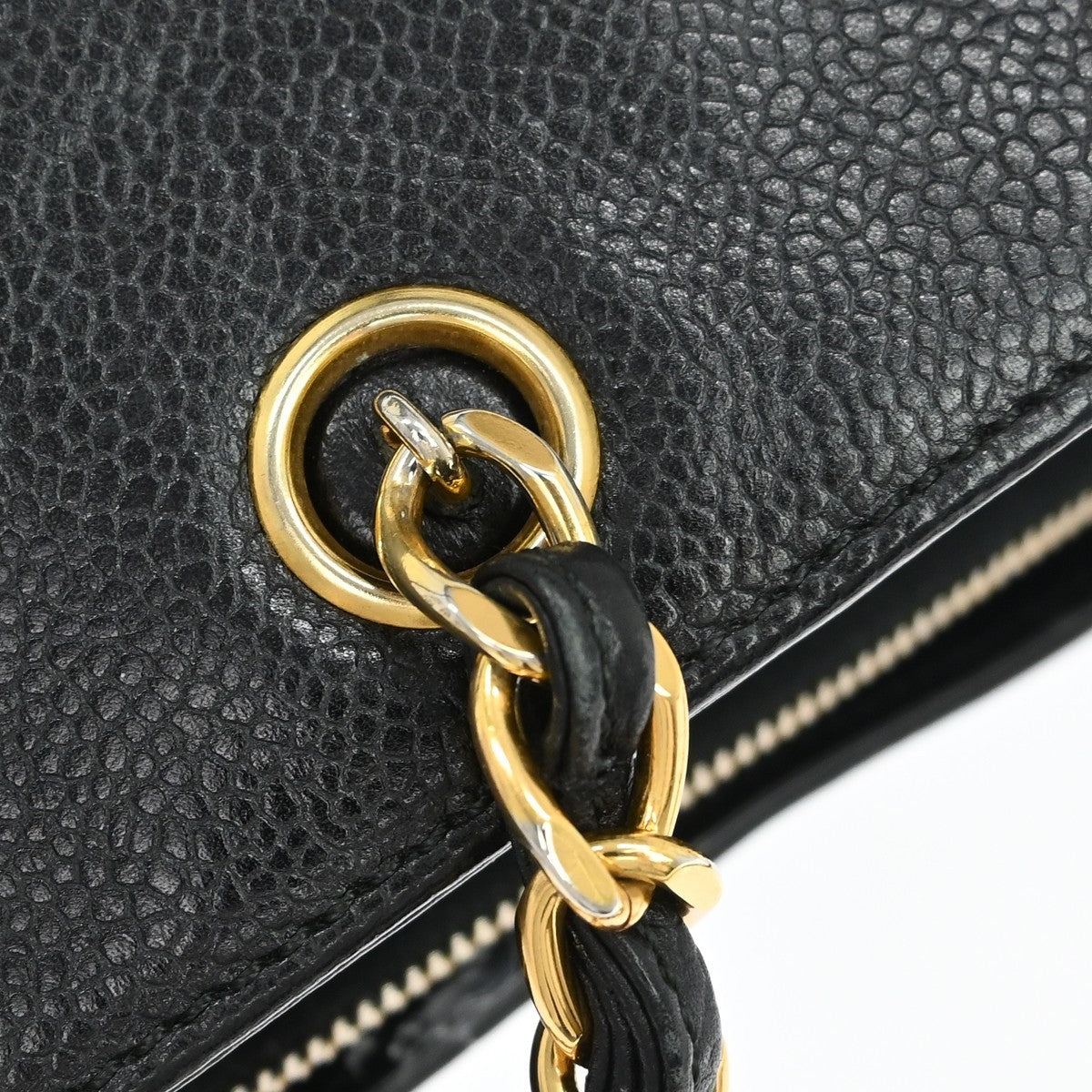Chanel Vintage Logo Chain Caviar, Black, Leather, Tote Bag