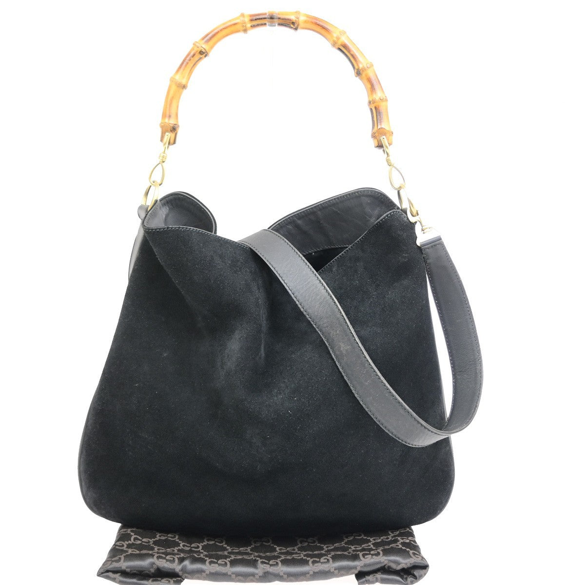 Gucci Vintage Bamboo Hobo Suede, Black, Suede, Shoulder Bag