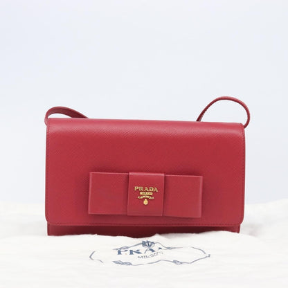 Prada Bow Wallet on Strap Saffiano Leather, Red, Leather, Crossbody Bag