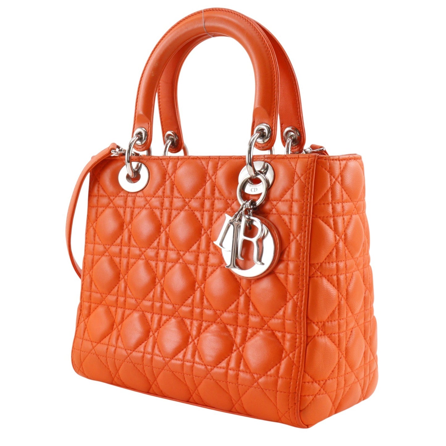 Christian Dior Lady Dior Cannage, Orange, Leather, Handbag