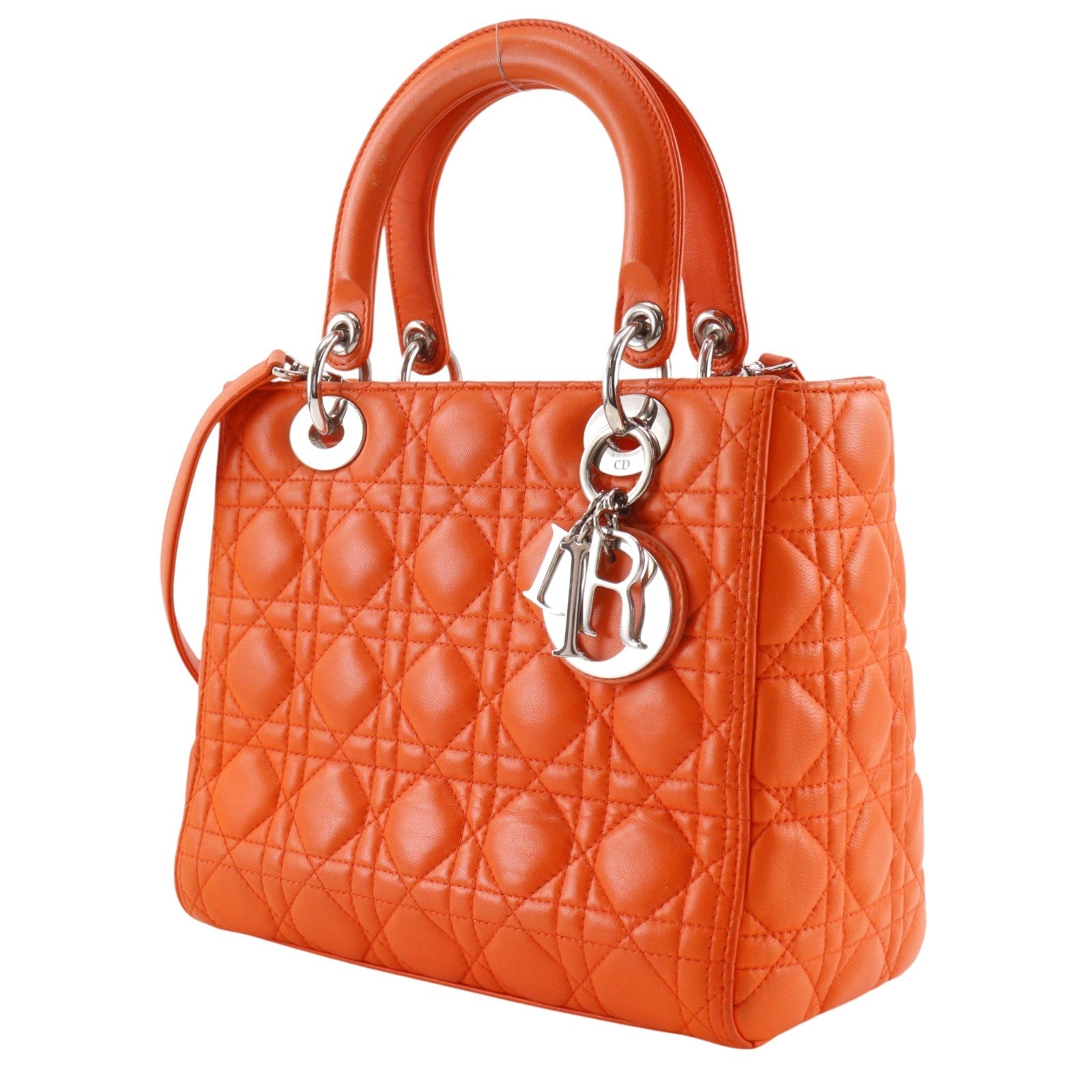 Christian Dior Lady Dior Cannage, Orange, Leather, Handbag