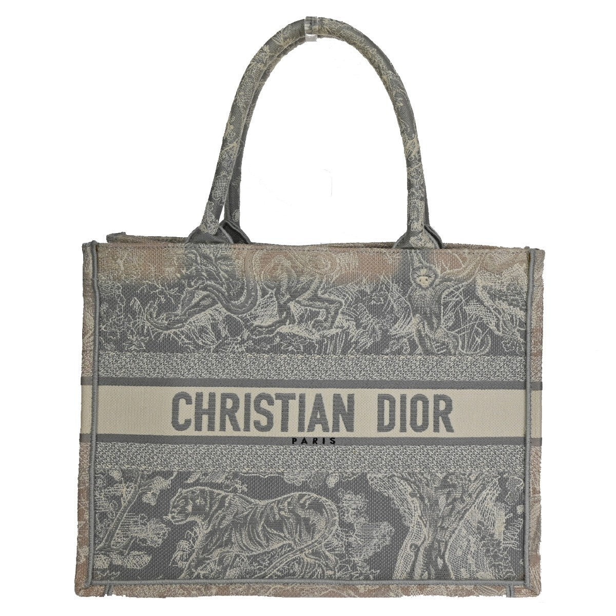 Christian Dior Book Embroidered Canvas, Gray, Canvas, Tote Bag