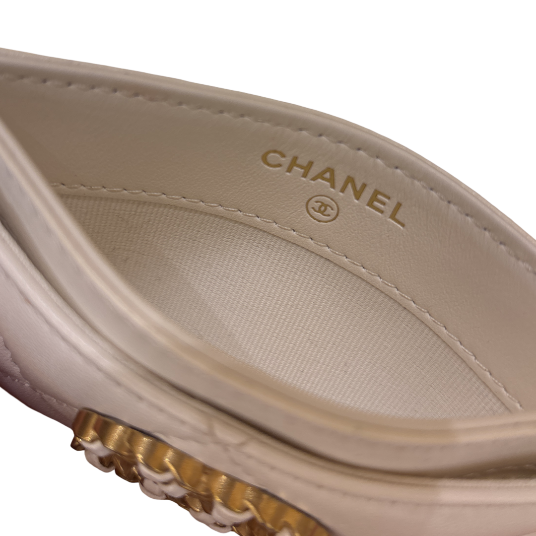 Chanel 19 Card Holder Quilted Iridescent Calfskin, White, Calfskin, Card Holder