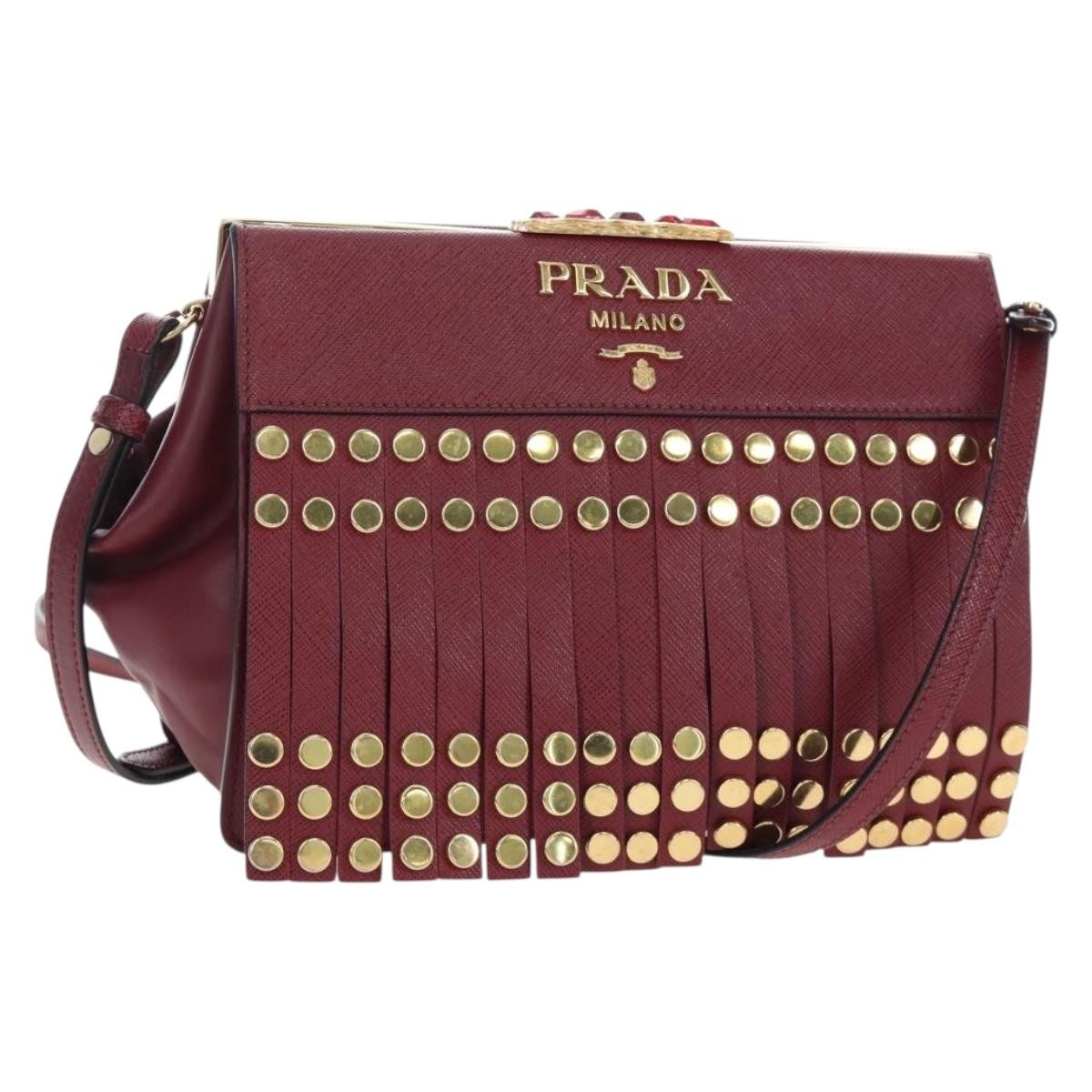 Prada Idol Studded Fringe Saffiano Leather, Burgundy, Leather, Shoulder Bag