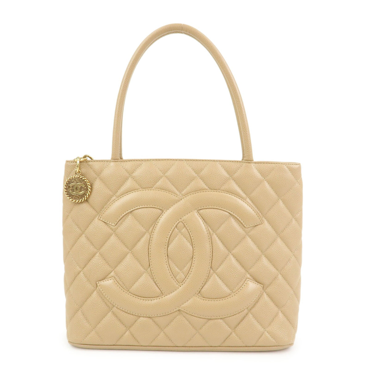 Chanel Medallion Quilted Lambskin, Beige, Calfskin, Tote Bag
