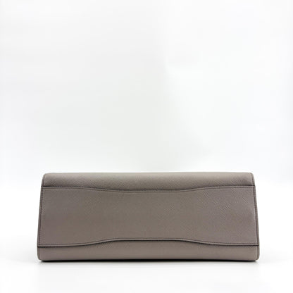 Prada Side Pleat Saffiano Leather, Gray, Leather, Tote Bag