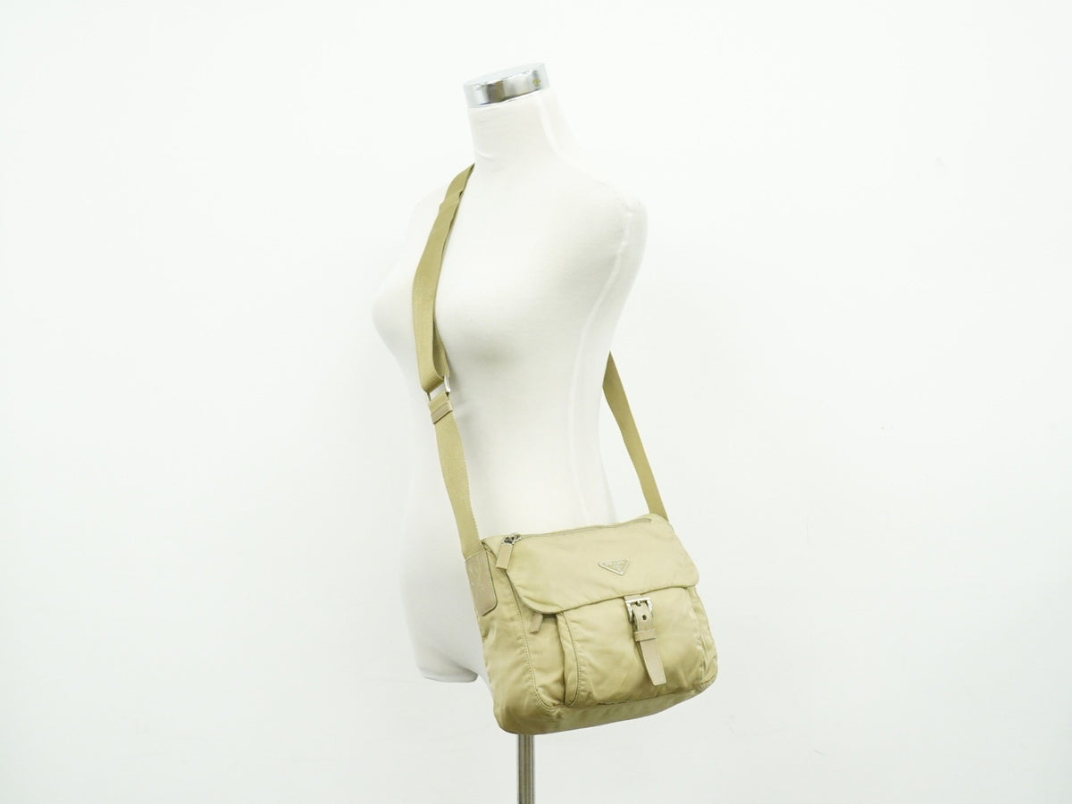 Prada Buckle Messenger Tessuto, Beige, Nylon, Shoulder Bag
