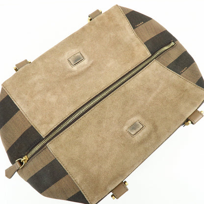 Fendi Boxy Leather with Pequin Canvas, Brown, Leather, Tote Bag