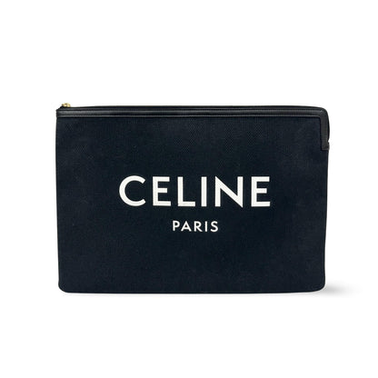 Celine Logo Zip Pouch Floral Jacquard with Leather, Black, Canvas, Clutch