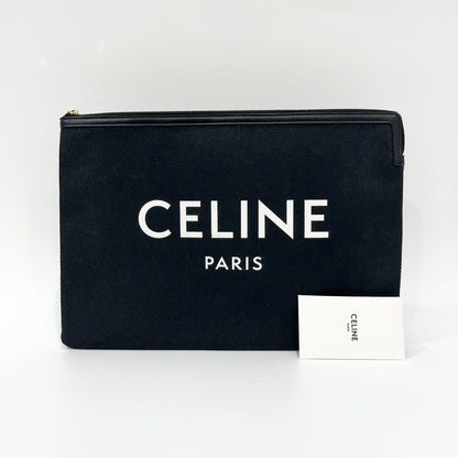 Celine Logo Zip Pouch Floral Jacquard with Leather, Black, Canvas, Clutch
