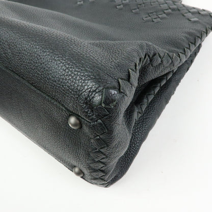 Bottega Veneta A-Shape Leather with Intrecciato Detail, Black, Leather, Tote Bag