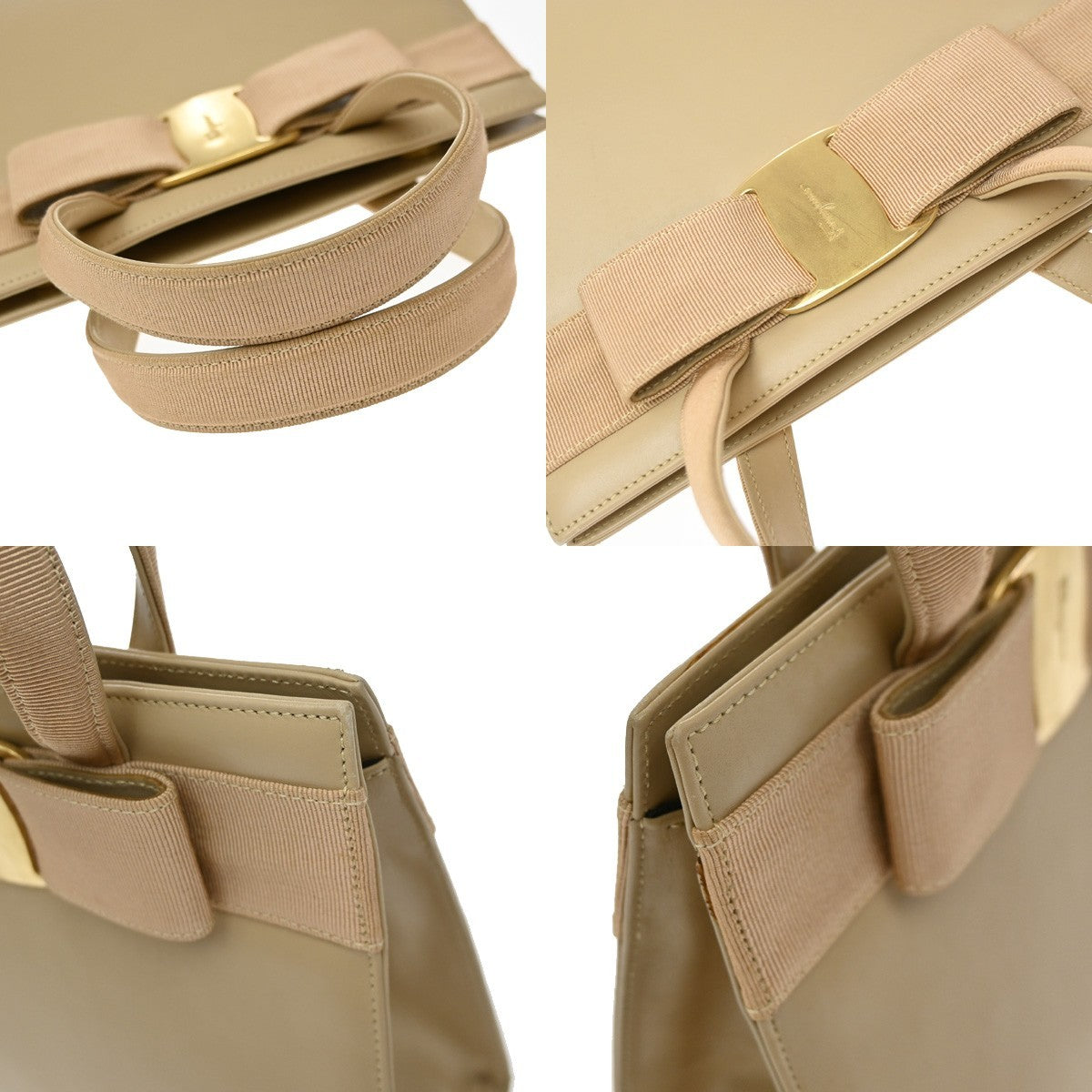 Salvatore Ferragamo Convertible Vara Bow Leather, Beige, Leather, Tote Bag