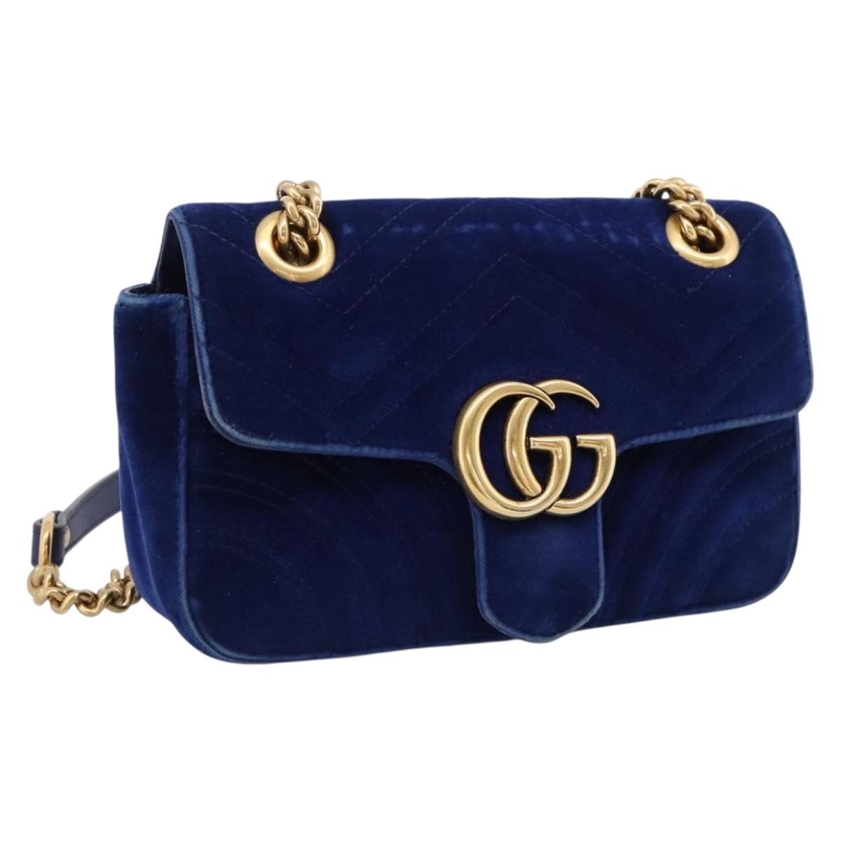 Gucci GG Marmont Matelassé Velvet, Blue, Velvet, Shoulder Bag
