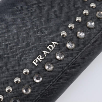 Prada Flap Studded Saffiano Leather, Black, Leather, Crossbody Bag