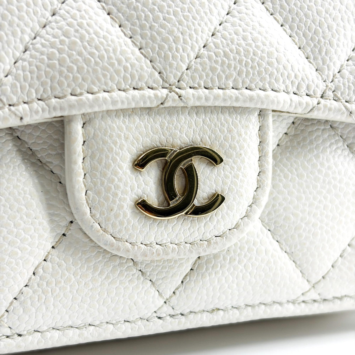 Chanel Classic Flap Card Holder Quilted Caviar, White, Calfskin, Card Holder