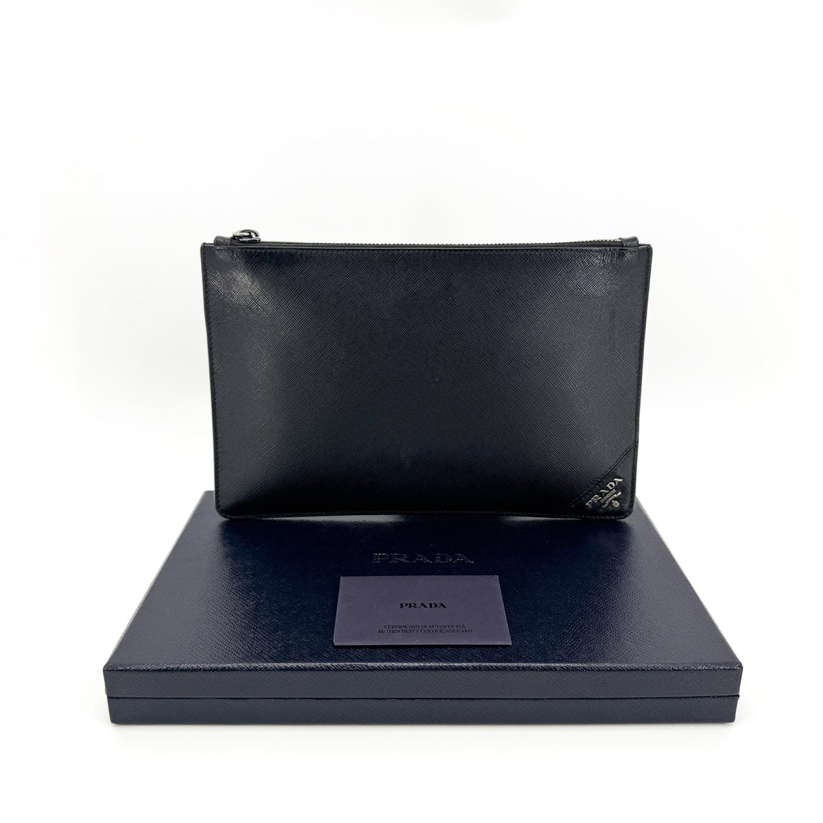 Prada Wristlet Zip Clutch Vitello Daino, Black, Leather, Clutch