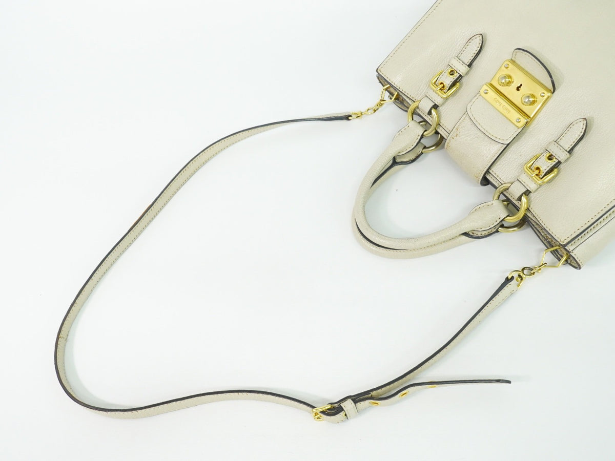 Miu Miu Madras Convertible Lock Leather, Beige, Leather, Tote Bag