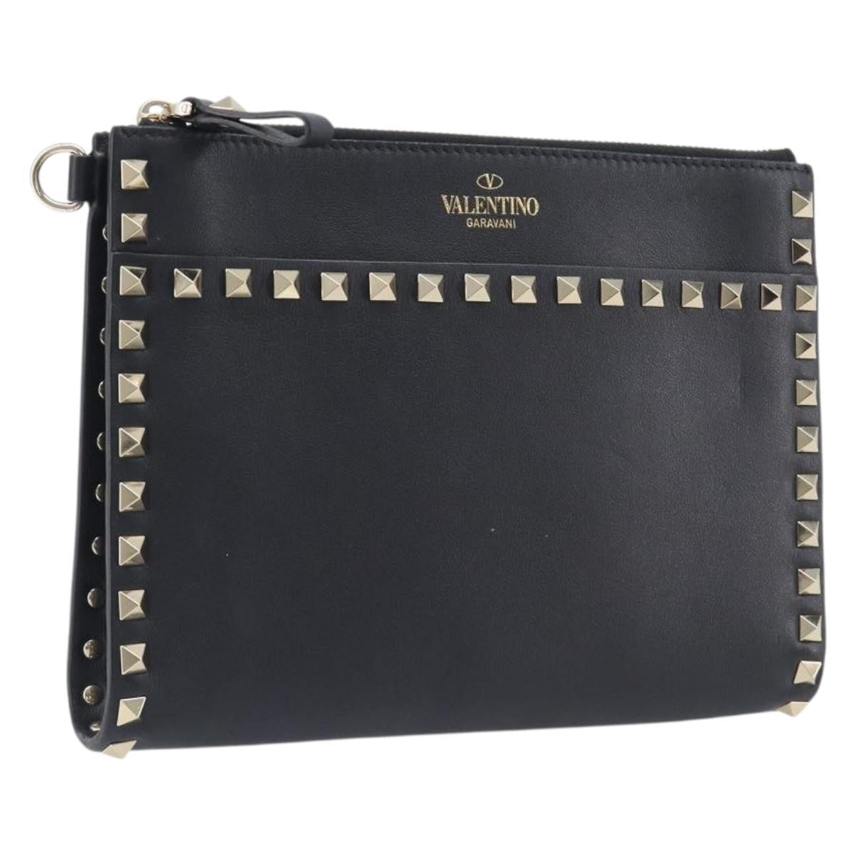 Valentino Garavani Rockstud Flat Wristlet Leather, Black, Leather, Clutch