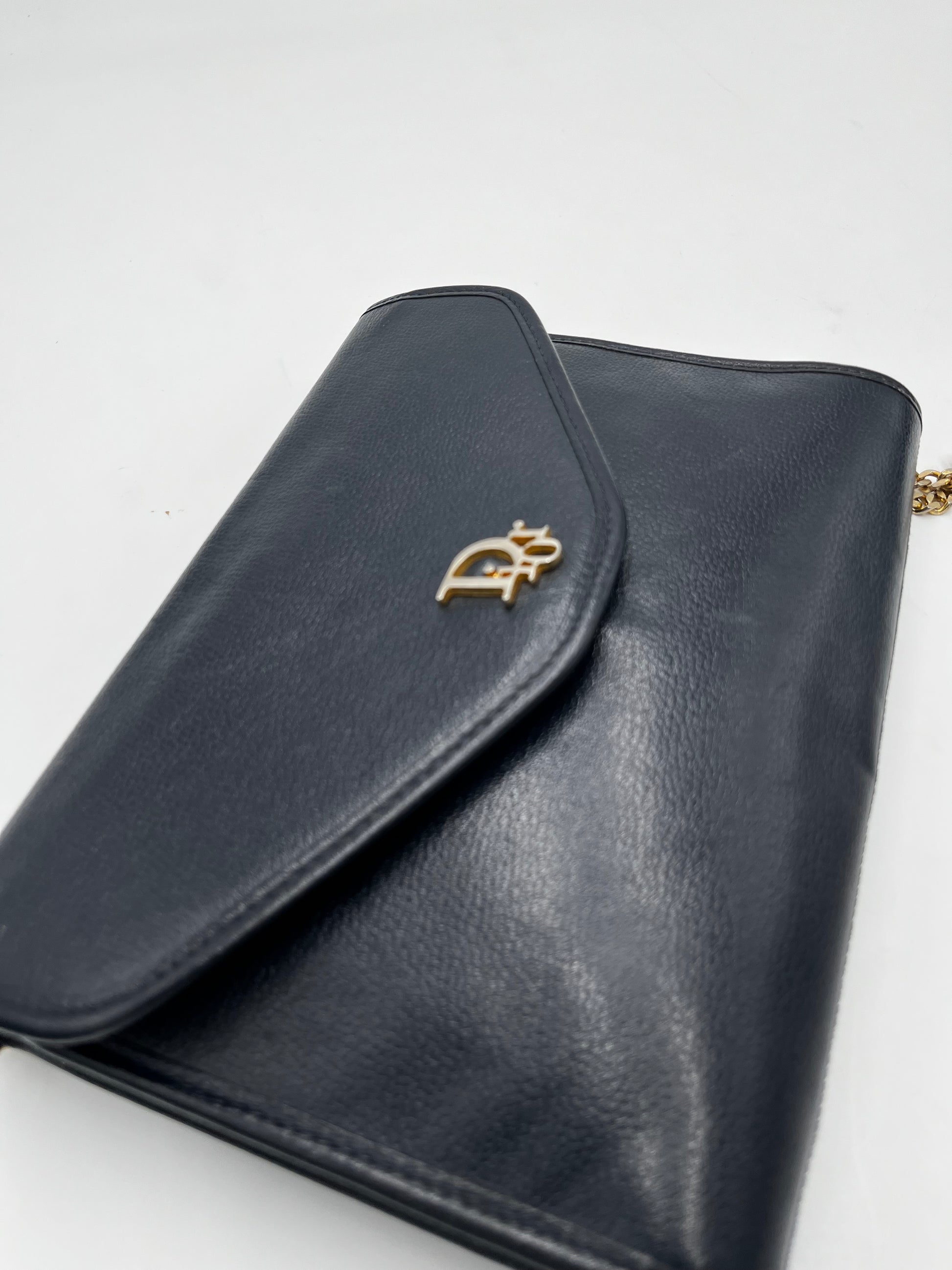Christian Dior Vintage CD Chain  Shoulder Bag Leather, Black, Leather, Clutch