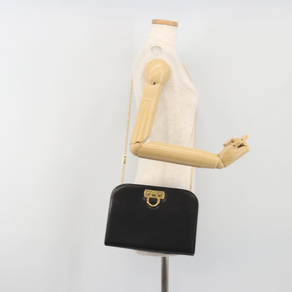 Salvatore Ferragamo Vintage Gancini Chain Leather, Black, Leather, Shoulder Bag