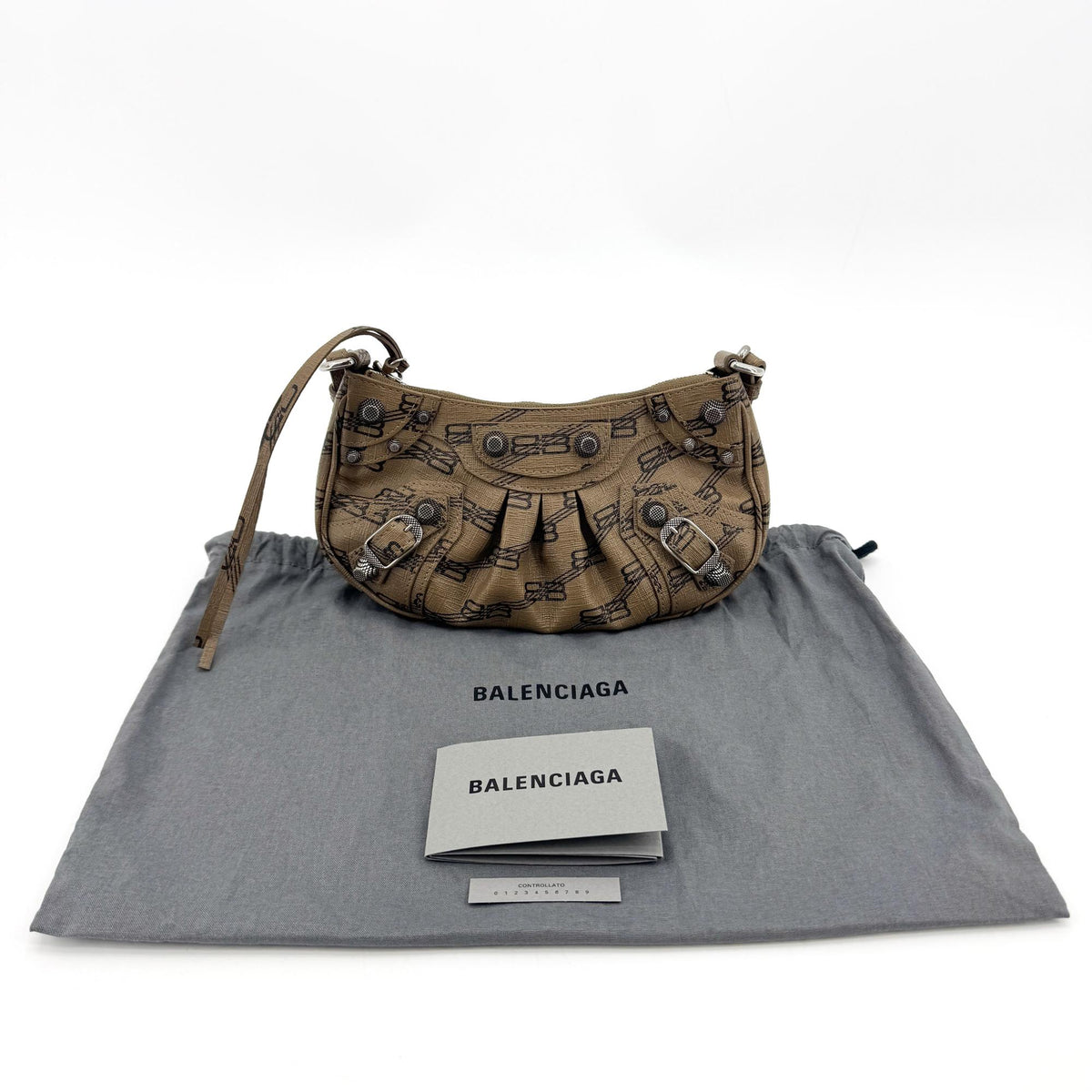 Balenciaga Le Cagole Giant Studs BB Monogram Coated Canvas, Brown, Calfskin, Shoulder Bag